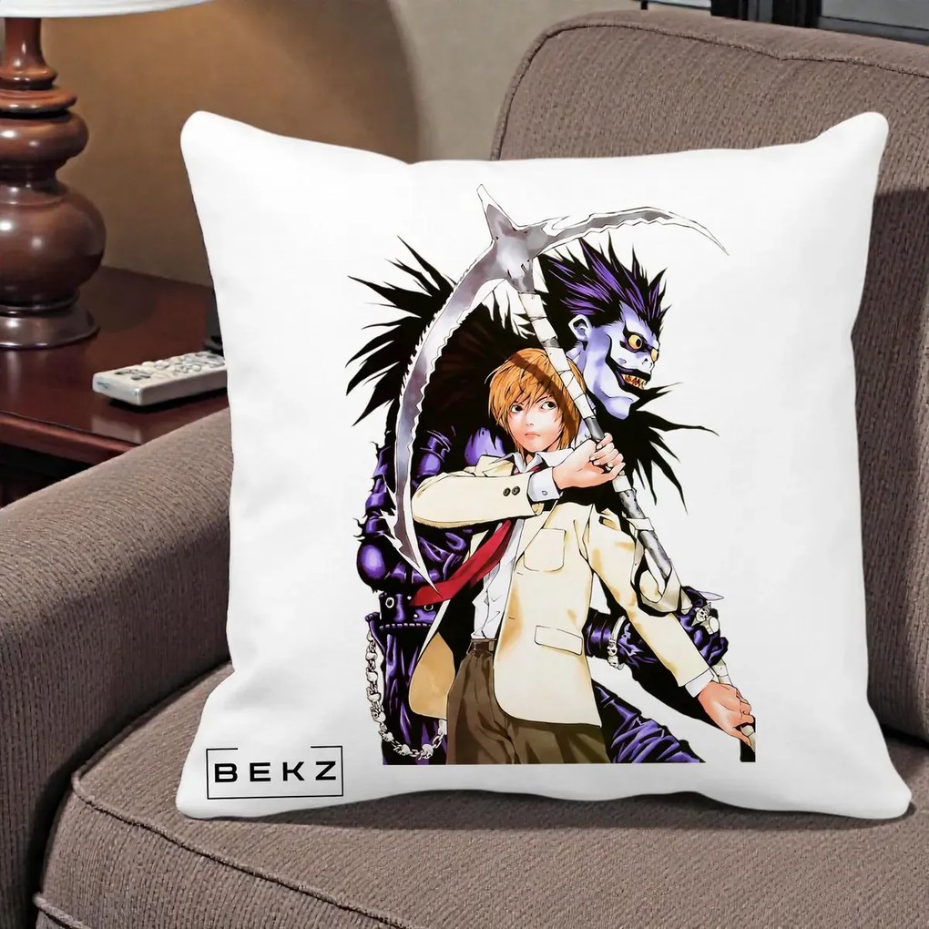 Perna Personalizata Death Note Light si Ryuk Duo, 40x40 cm, Alba Mata, Husa Detasabila, Perna Inclusa, BEKZ®