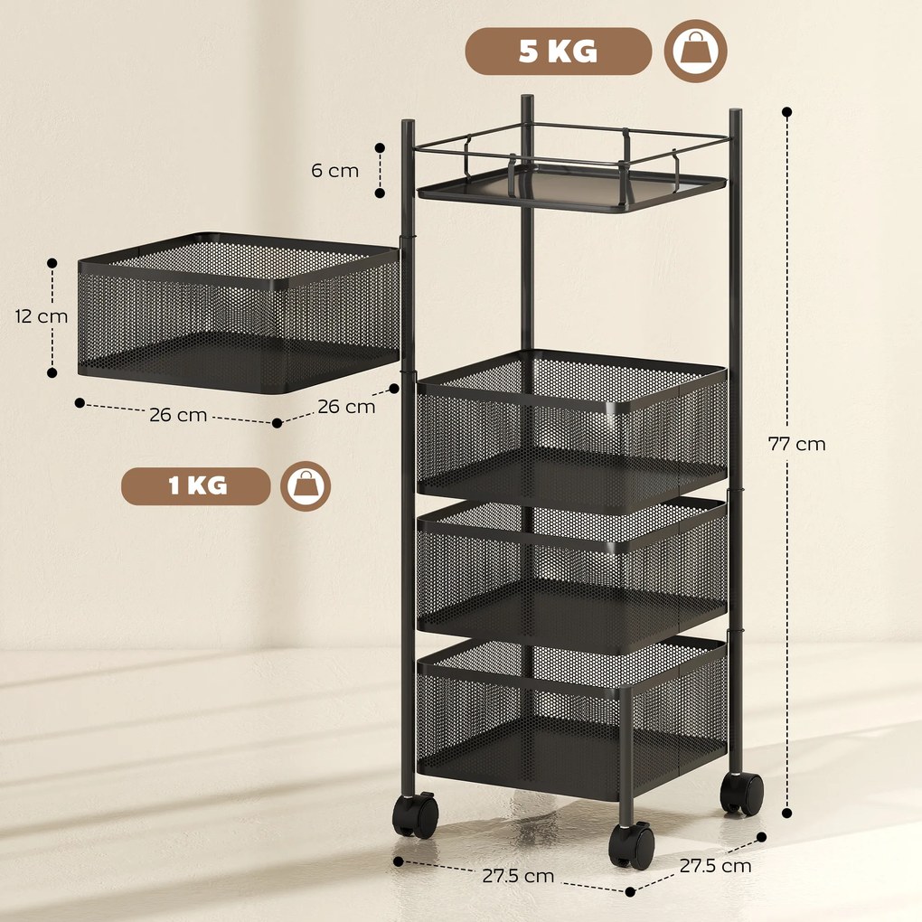 HOMCOM Cărucior de bucătărie pe roți, 5 nivele, cărucior de depozitare 4 coșuri rotative, raft, 27,5x27,5x77cm, negru | Aosom Romania