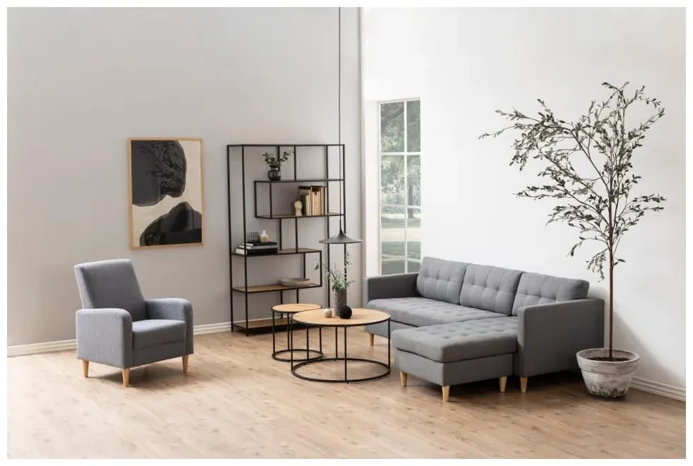 Bibliotecă neagră/în culoare naturală cu aspect de lemn de stejar 114x185 cm Seaford – Actona
