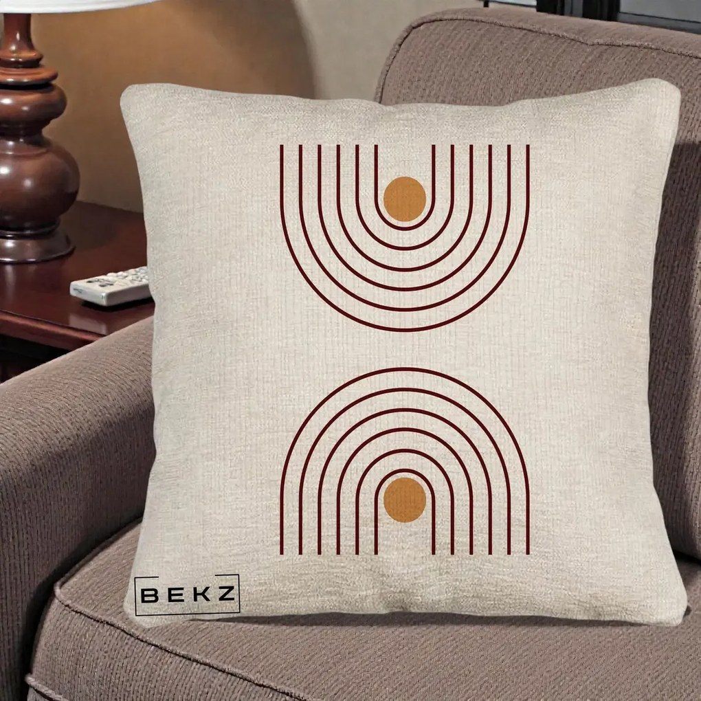Perna Decorativa Geometric Boho Arc, 40x40 cm, Bej Canapea, Husa Detasabila, Perna Inclusa, BEKZ®
