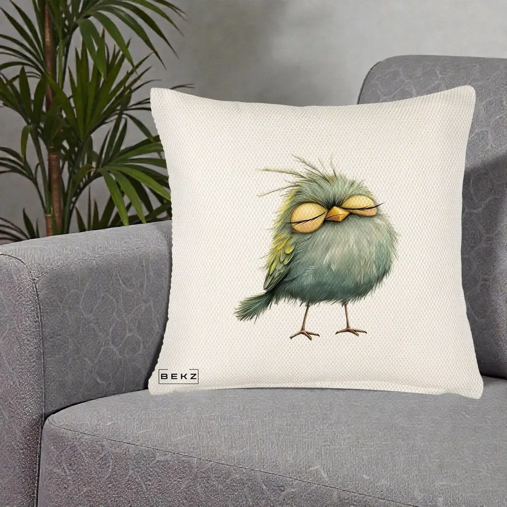 Perna Decorativa Pasare Teal Adormita cu Ochi Galbeni, 40x40 cm, Crem Reliefat, Husa Detasabila, Perna Inclusa, BEKZ®