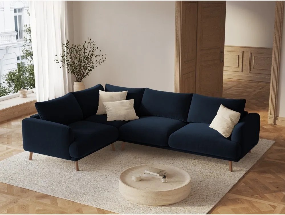 Colțar albastru închis cu tapițerie din catifea (cu colț pe partea stângă/în formă de ”L”) Naomi – Micadoni