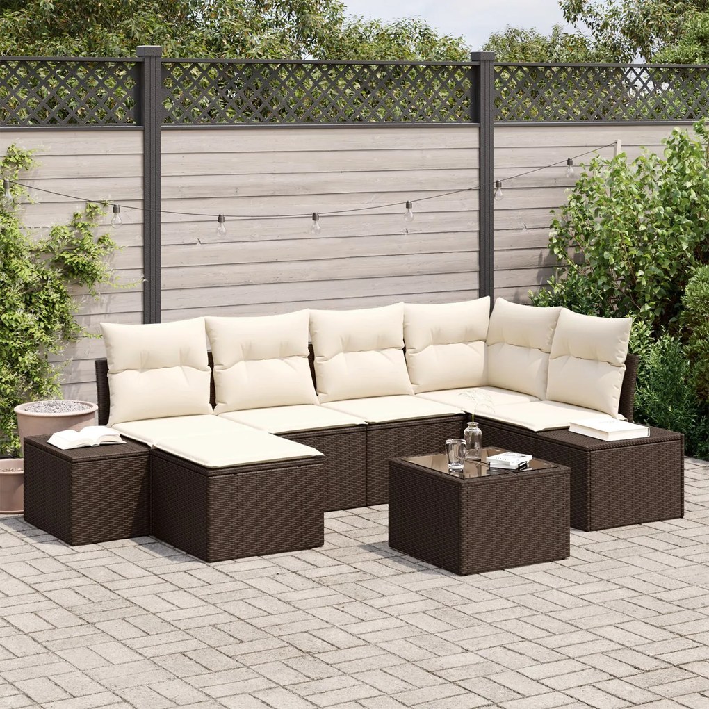 vidaXL Set de canapele pentru grădină 7 pcs maro și crem Rattan poli