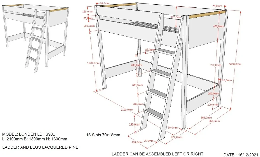Această combinație LONDON este formată dintr-un dormitor înalt (90x200) cu dulap cu 2 uși, birou și cărucior de birou.
