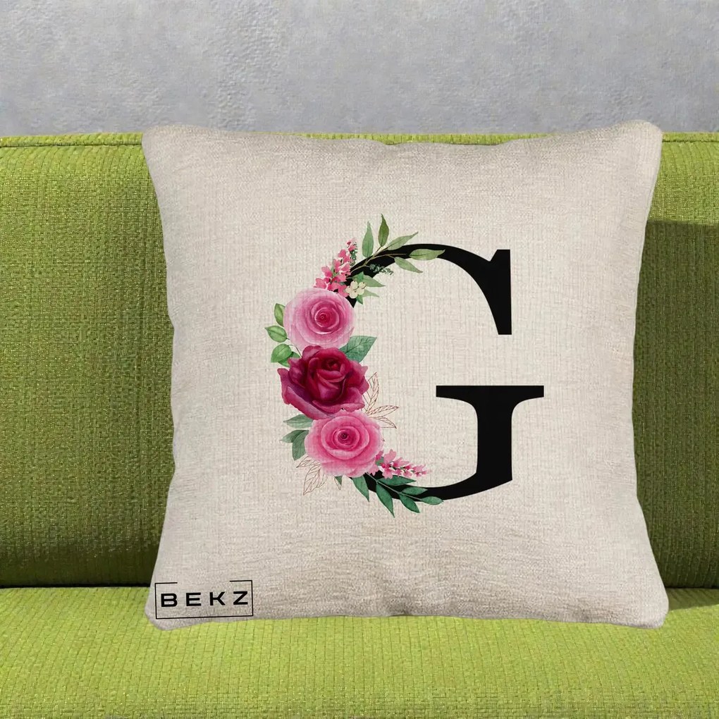 Cadou Personalizat - Perna Personalizata Monograma Florala Litera G, 40x40 cm, Bej Canapea, Husa Detasabila, Perna Inclusa, BEKZ®