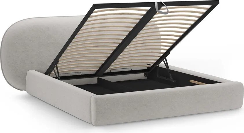 Pat matrimonial gri deschis tapițat cu spațiu de depozitare cu somieră 180x200 cm Ovalo – Micadoni