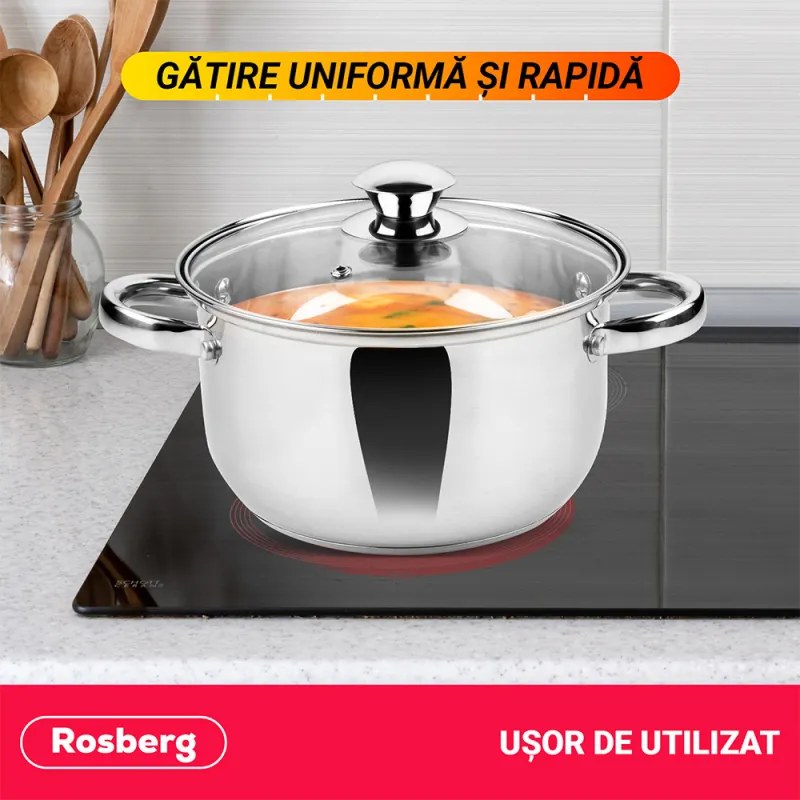 Oala Rosberg R51210O26, 6.3 L, 26x14.5 cm, Capac din sticla, Inox