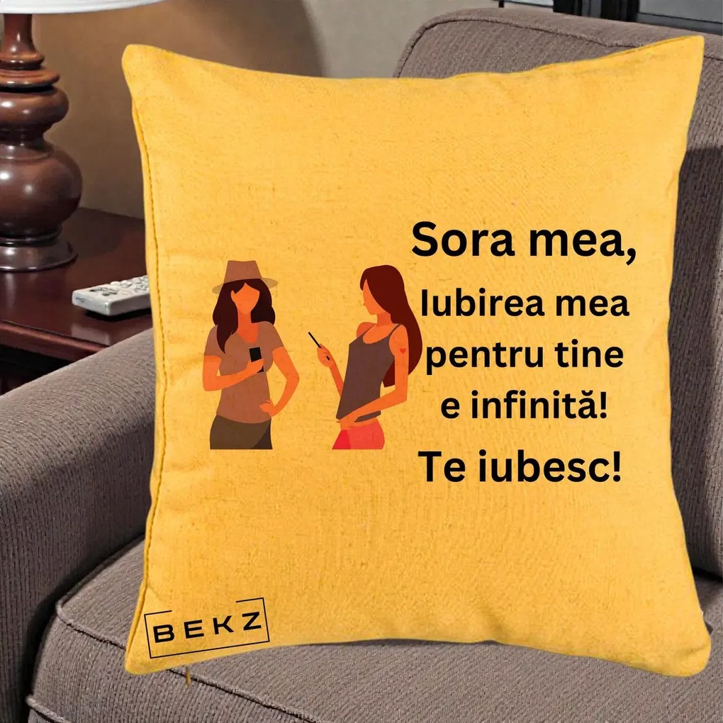 Perna personalizata sora: Sora mea, te iubesc, fete cu telefoane, 40x40 cm cu Umplutura, Galben, BEKZ