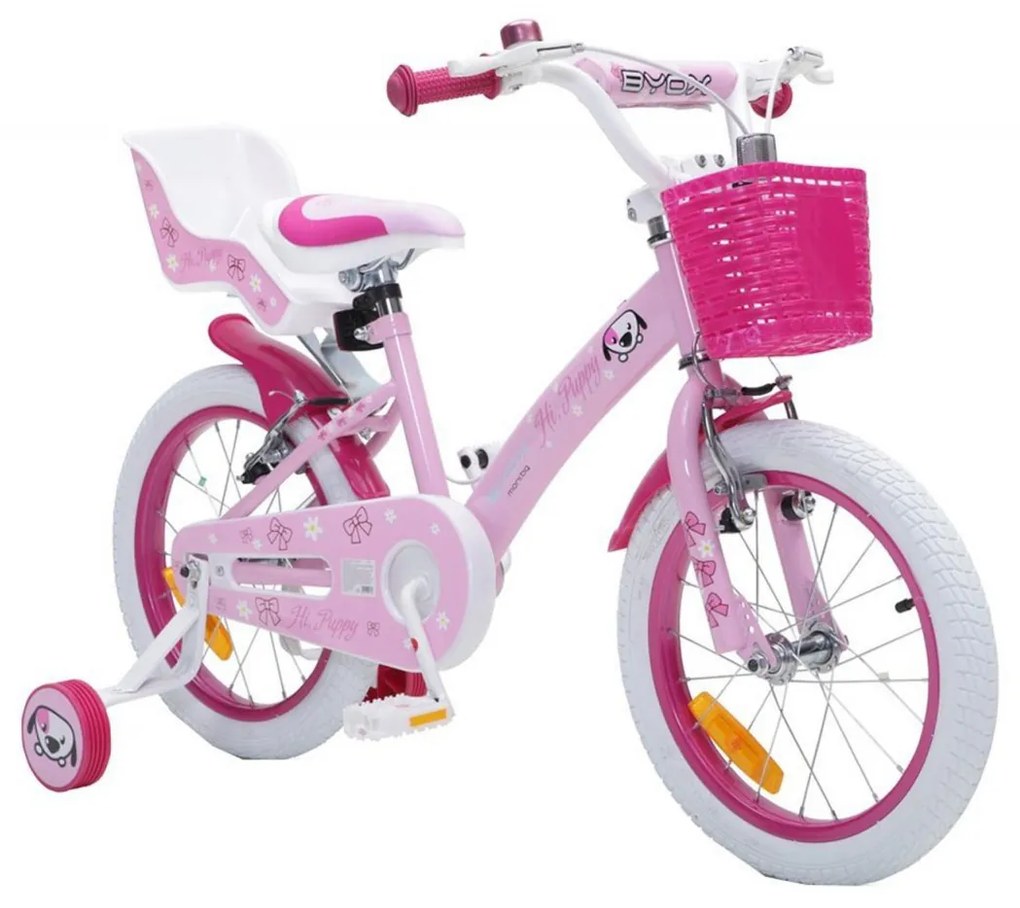 Bicicleta pentru copii NOVOKIDS Puppy, roti 16" inch, maxim 30 kg, cadru din otel, roti ajutatoare detasabile, ghidon reglabil pe inaltime, Roz