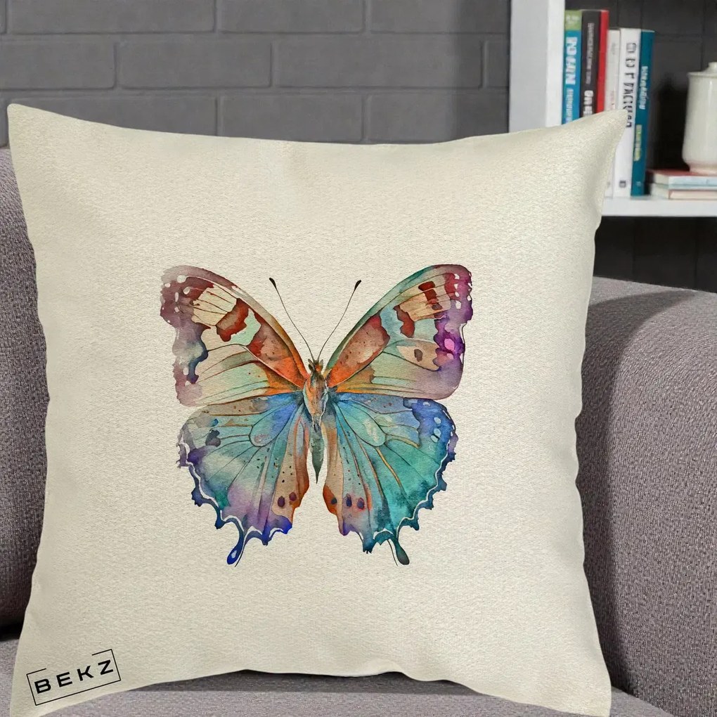 Perna decorativa Fluture Acuarela Multicolor Portocaliu-Bleu-Mov, 40x40 cm cu Umplutura, Ecru, BEKZ