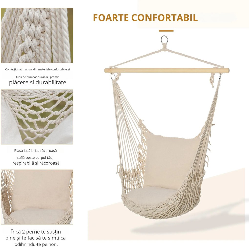 Outsunny Hamac Shabby Chic din Franghie pentru Interior și Exterior, Design Elegant, Alb, Perfect pentru Relaxare | Aosom Romania
