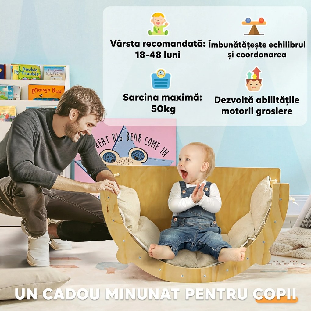 AIYAPLAY Arc Montessori 3 în 1 pentru Copii de 18-48 Luni, Structură de Cățărare, Măsuță și Balansoar cu Pernă | Aosom Romania