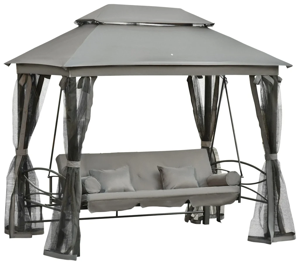 Outsunny Balansoar 3 Posti si Sezlong cu Copertina tip Foisor cu Plasa Impotriva Tantarilor si Perne, Gri Inchis 256x172x248cm