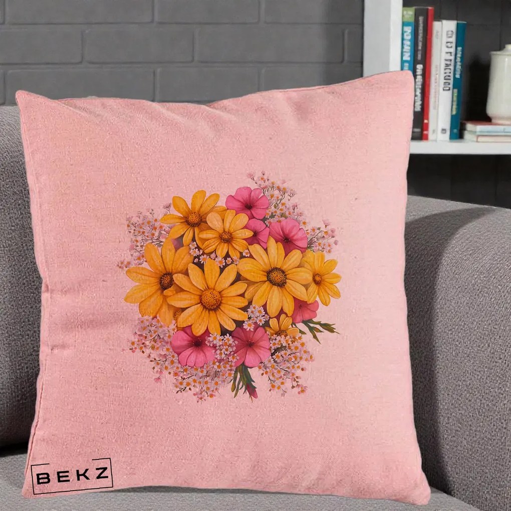 Perna Decorativa Floarea-Soarelui cu Cosmos Roz si Gypsophila, 40x40 cm, Roz, Husa Detasabila, Perna Inclusa, BEKZ®
