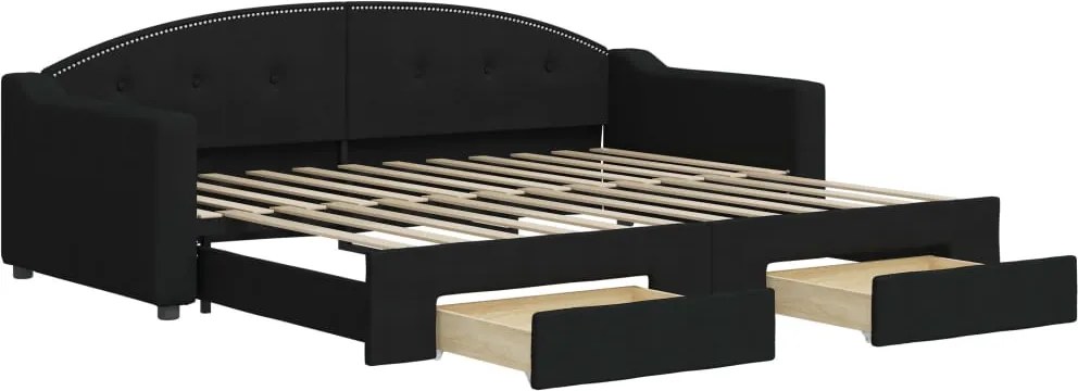 vidaXL Pat de zi cu extensie și sertare, negru, 90x200 cm, textil