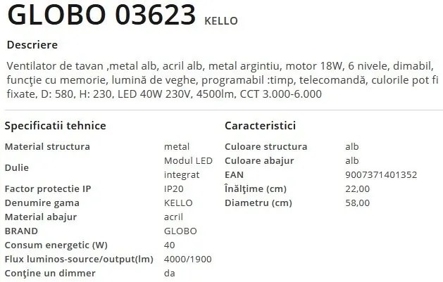 Lustra LED cu ventilator si telecomanda design modern Kello alb