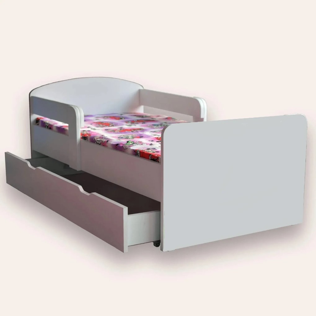 Pat alb cu paravane laterale Personalizabil Mic 2-6 ani 130x60 cm varianta cu sertar si saltea SafeNest CMG51971779264852