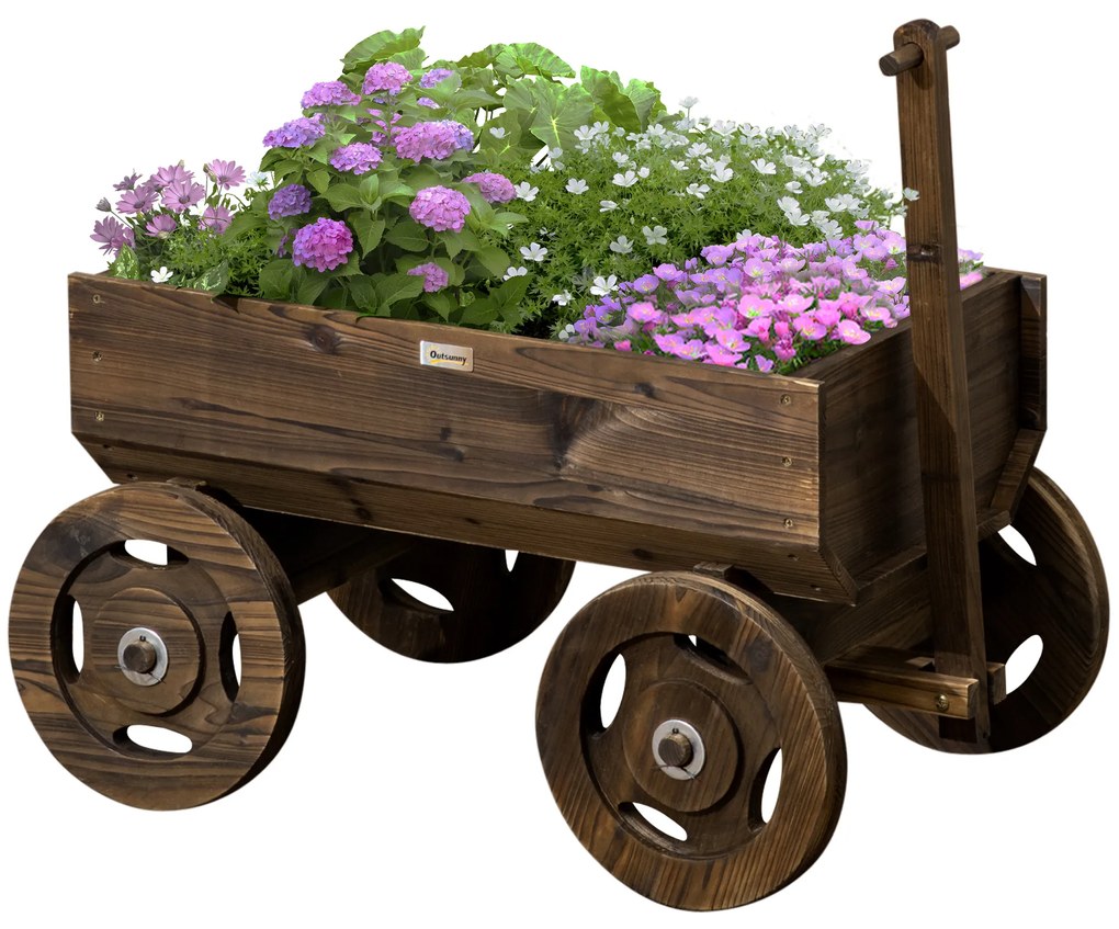 Outsunny Pat de grădină înalt în design de căruț din lemn, lac pe bază de vopsea, ușor de mutat, rezistent la intemperii, Maro | Aosom Romania
