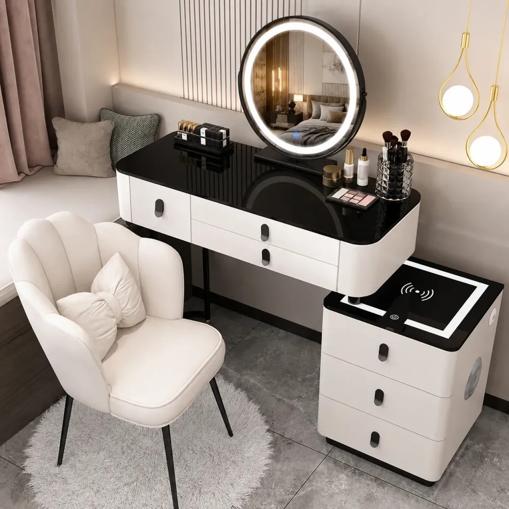 RESIGILAT- Set Margot Long, Masă de toaletă pentru machiaj cu oglindă iluminată LED, control touch, 6 sertare, comoda, scaun, Difuzor Bluetooth, zona încărcare fără fir, Alb, 100x40x75 cm