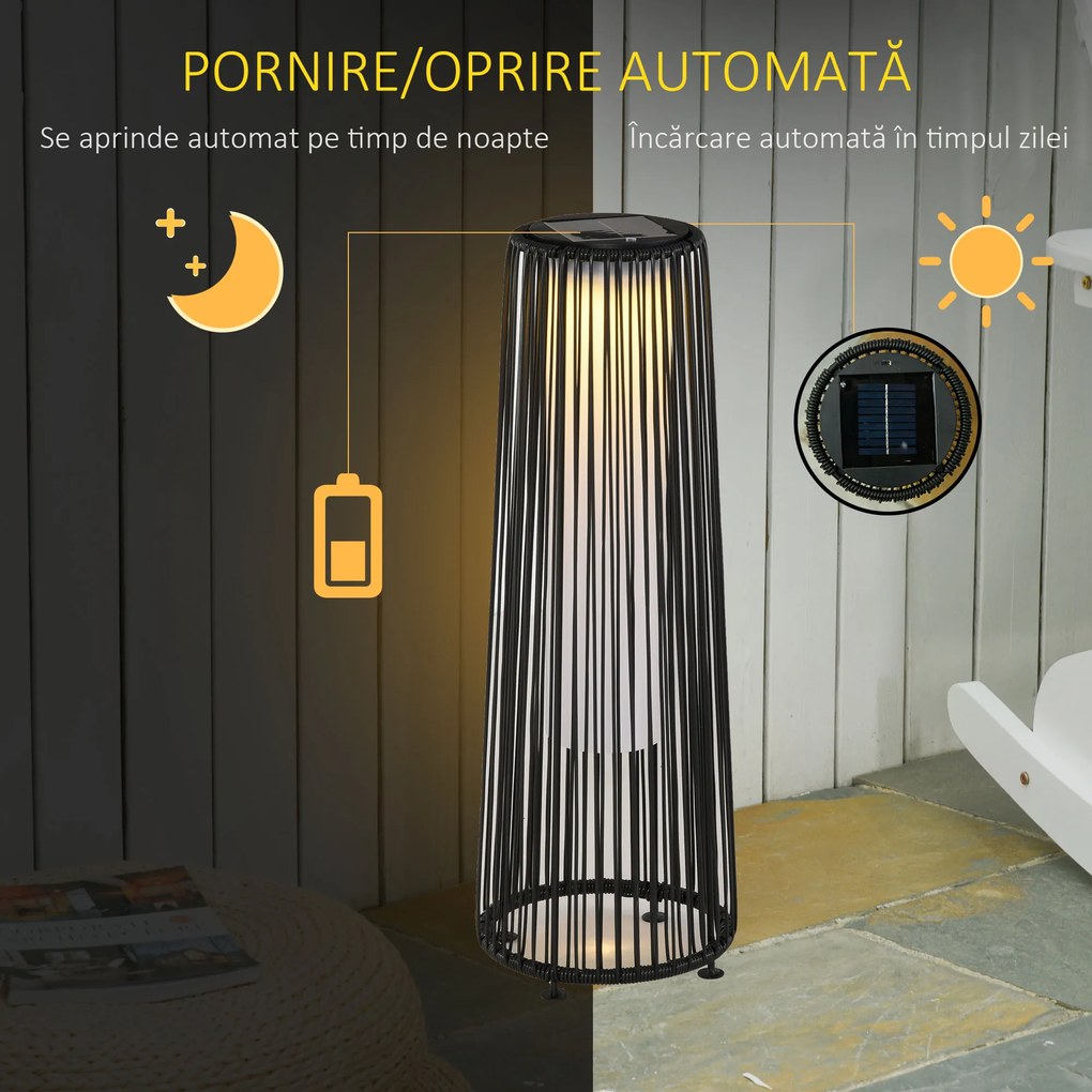 Outsunny Lanternă Solară de Grădină cu Panou de Încărcare, Lampă solară de Exterior din Metal și Ratan, Ø21.5x61 cm, Negru | Aosom Romania