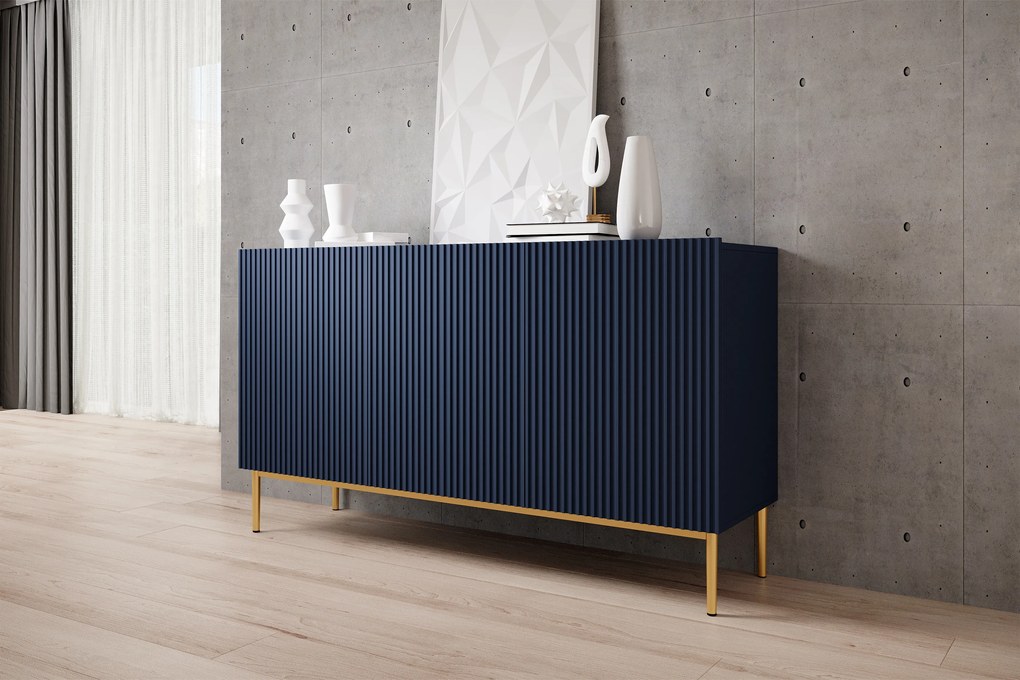 Comoda Nicole 150 cm - MDF albastru închis / picioare aurii