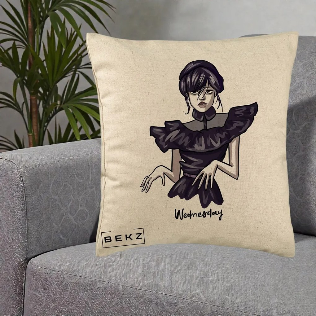 Perna Personalizata Wednesday Addams Dans Gotic, 40x40 cm, Bej, Husa Detasabila, Perna Inclusa, BEKZ®