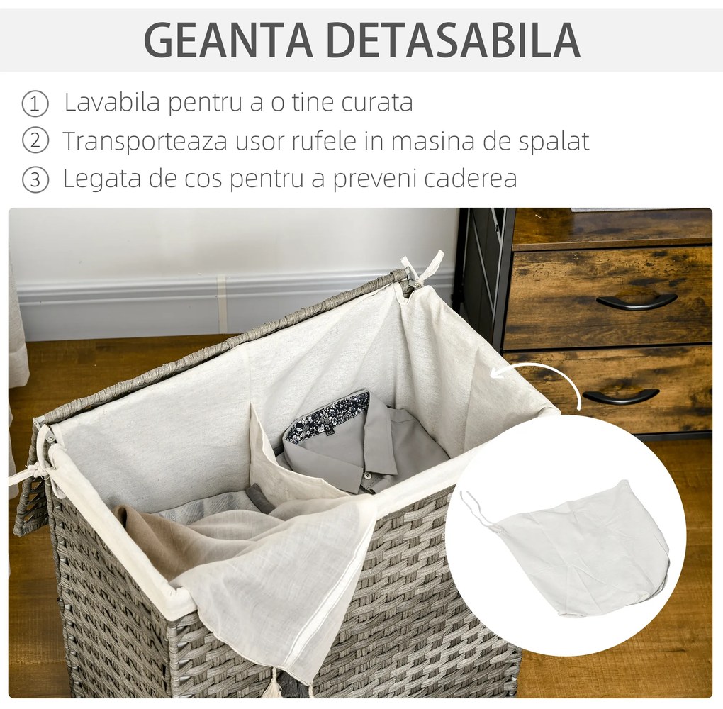 HOMCOM Cos de rufe din ratan cu capac, cos de rufe 100 litri cu 2 sectiuni si geanta detasabila lavabila | AOSOM RO
