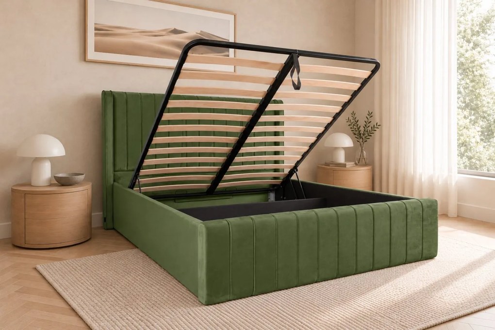 Pat tapițat din catifea Aurelia Simple 200×200 cm, kaki, cu ladă de depozitare