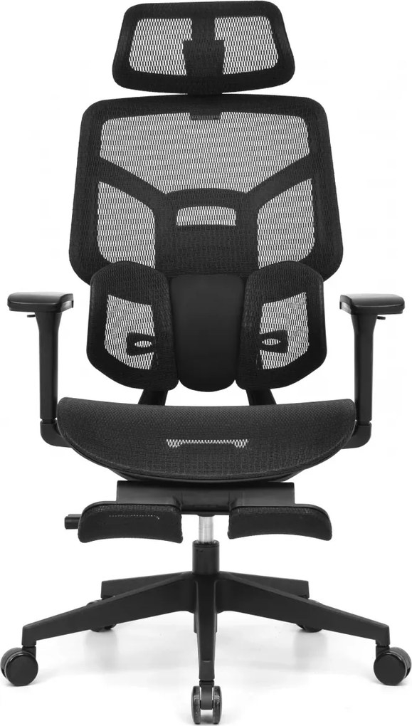 Scaun Ergonomic AirMesh Pro E399-H – Full Mesh, Suport Lombar Reglabil pe Înălțime, Cotiere 4D, Tetiera 3D, Reclinare Automată, Suport Picioare, Negru