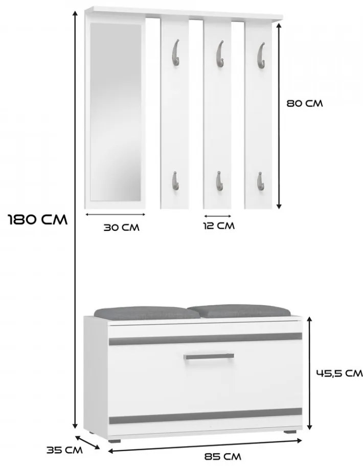 CUI501 - Cuier 85 cm, 6 agatatori haine, hol, lada pantofi, pantofar cu oglinda - Alb / Culoarea Stejar / Sonoma