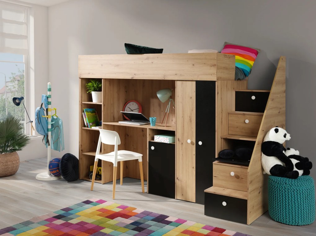 Pat pentru copii combinat 90 cm Sami 14 (Stejar artisan + negru mat + mânere albe). 1085820