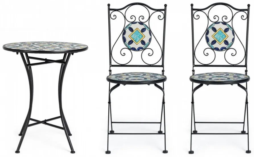 Set masa si scaune pliabile pentru gradina 3 piese multicolor din metal si ceramica, Positano Bizzotto