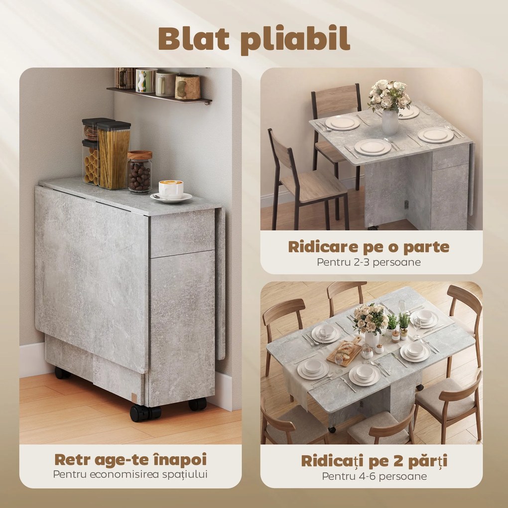 HOMCOM Masă de Luat Masa Pliabilă, Masă de Bucătărie cu Blaturi Rabatabile și Roți cu Frâne pentru 6 Persoane, Birou Compact cu 2 Sertare, 2 Uși și Dulap, pentru Living, 140x76x74î cm, Gri Ciment | Aosom Romania