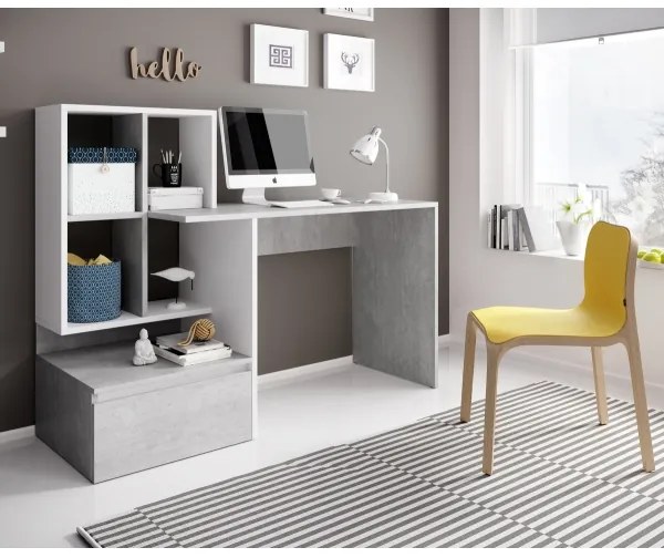 Birou cu poliță MARLO, gri beton/alb