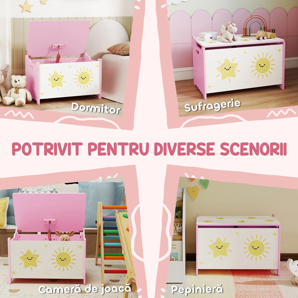 AIYAPLAY Cutie pentru Jucării cu Capac, Balama de Siguranță și Mânere Groove, Organizator pentru Depozitarea Jucăriilor pentru Copii, Camera de Zi, Sala de Joacă, Roz | Aosom Romania