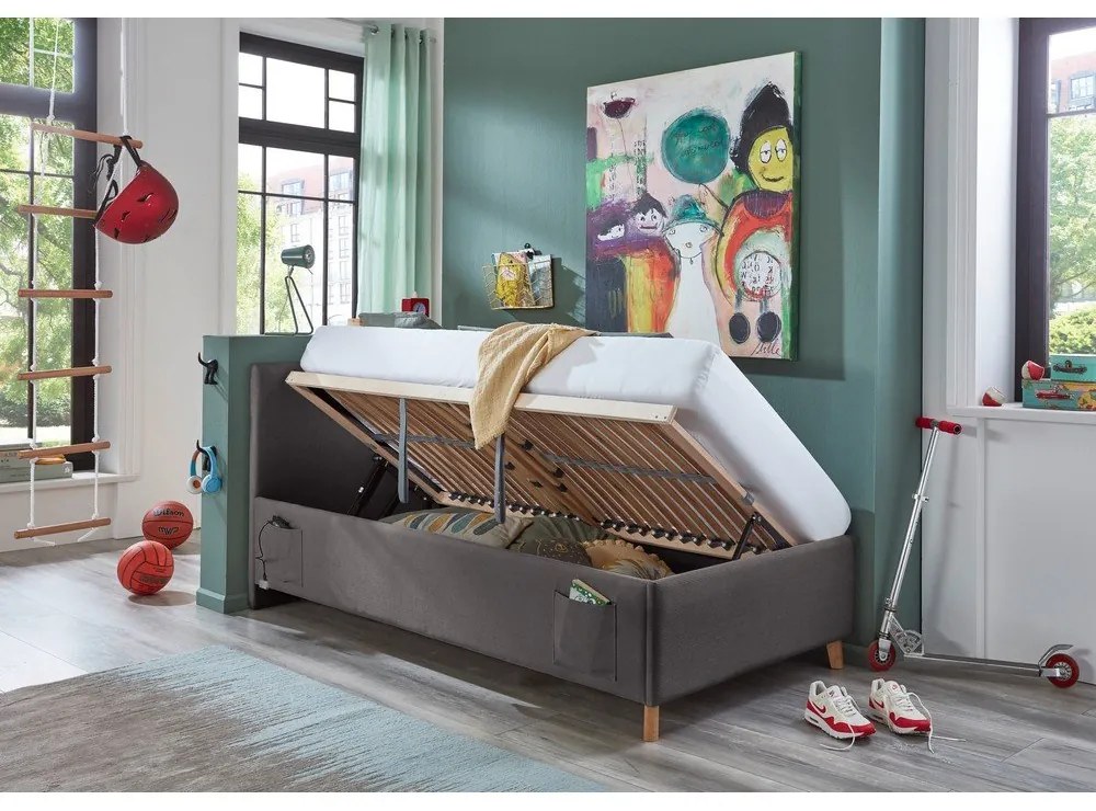 Pat pentru copii gri antracit tapițat cu spațiu de depozitare cu somieră 90x200 cm Cool – Meise Möbel
