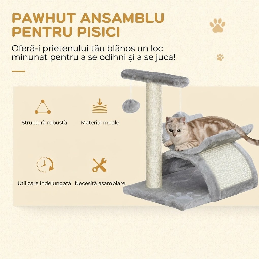 PawHut Ansamblu Pisici Copac Plus Ascuțire Unghii Stâlp Sisal Cusca 2 Mingii 40x30x43cm Gri | Aosom Romania
