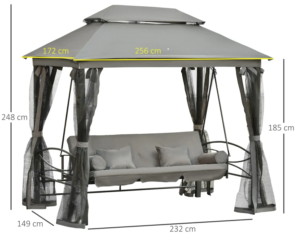 Outsunny Balansoar 3 Posti si Sezlong cu Copertina tip Foisor cu Plasa Impotriva Tantarilor si Perne, Gri Inchis 256x172x248cm