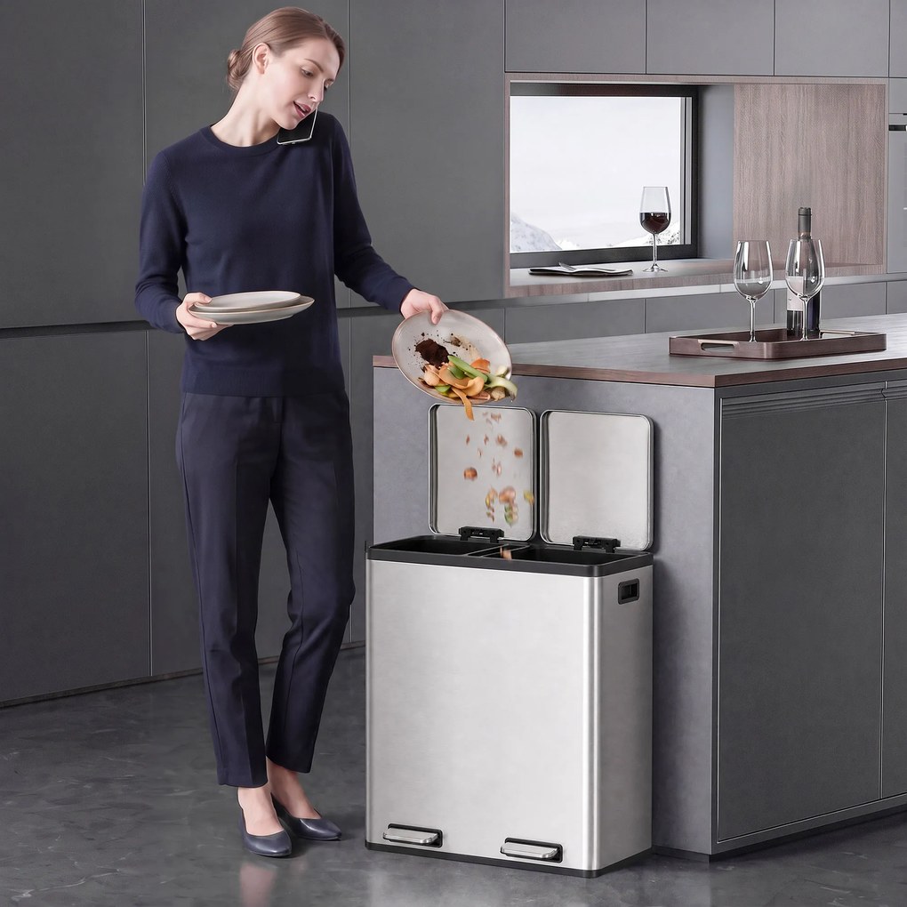 HOMCOM Coș de gunoi pentru bucătărie 2 x 30 L, cu pedală, din oțel inoxidabil, cu recipiente detașabile și închidere lentă, argintiu | Aosom Romania