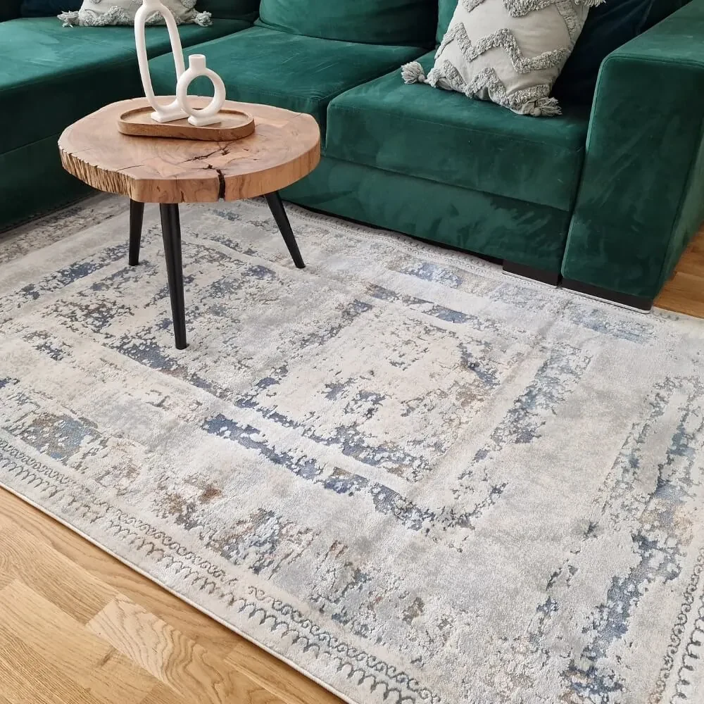 150x230 cm Covor Domino Premium, 40% Polyester/60% Polipropilena, Modern, Gri/Albastru, Densitate 2500 gr/m2