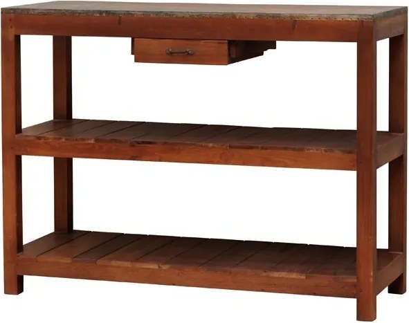 Consolă hol vintage din lemn reciclat, maro, cu blat din zinc, sertar și 2 rafturi, 93 x 122 x 46 cm, „Dara”