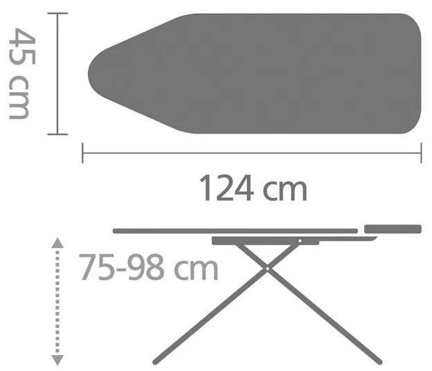 Masa de calcat Brabantia C 90300131, 124x45 cm, 7 pozitii de reglare, Suport generator de abur si fier de calcat, Control abur, Bowl Aqua, Gri