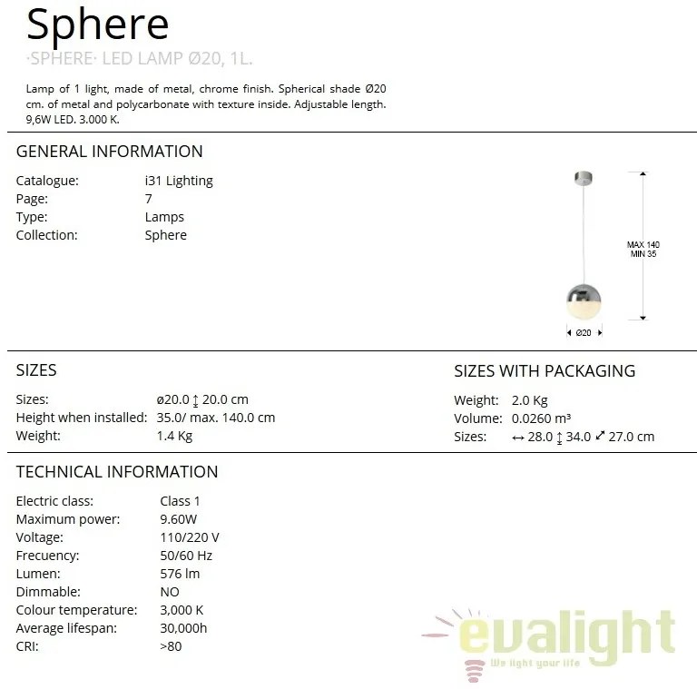 Pendul LED design modern diam.20cm Sphere SV-793412