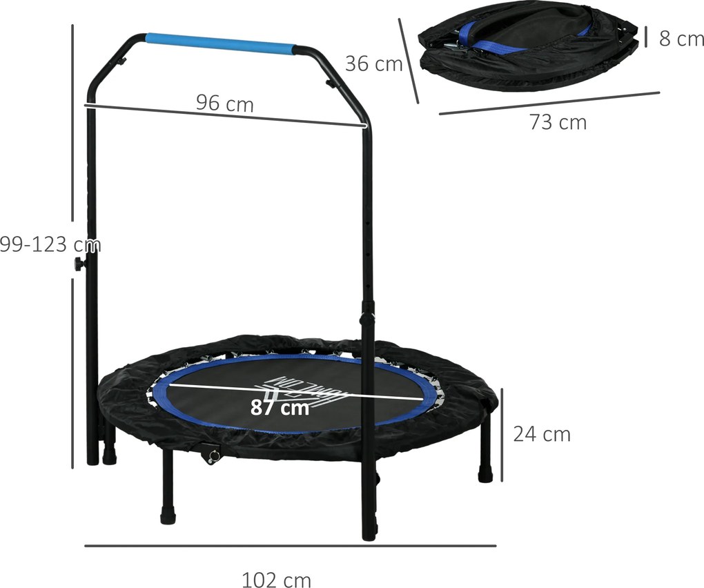 HOMCOM Trambulină Elastică Pliabilă cu Mâner Reglabil, Ø102x99123 cm, Albastru | Aosom Romania
