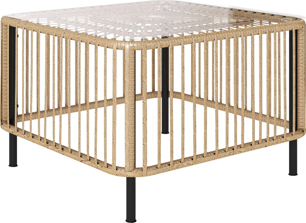 Outsunny Masă de grădină din Polyrattan, 65 x 65 x 43 cm, masă laterală rezistentă la intemperii, pătrată, cu blat din sticlă, lemn natural | Aosom Romania