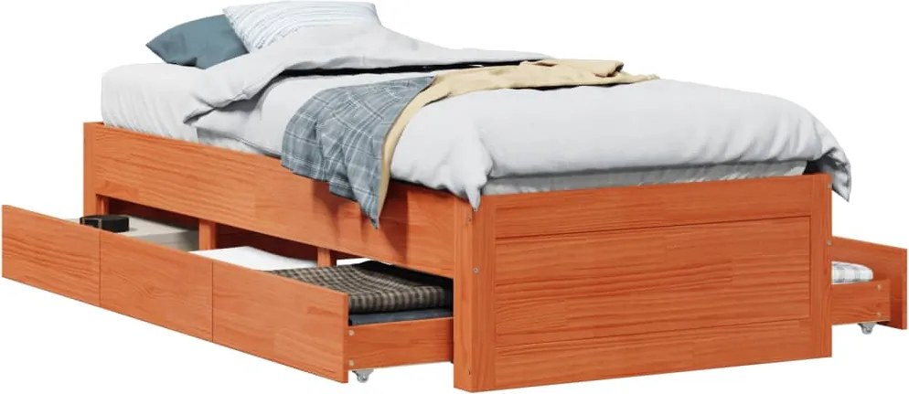 vidaXL Cadru pat fără saltea/cu sertare maro 75x190 cm lemn masiv pin