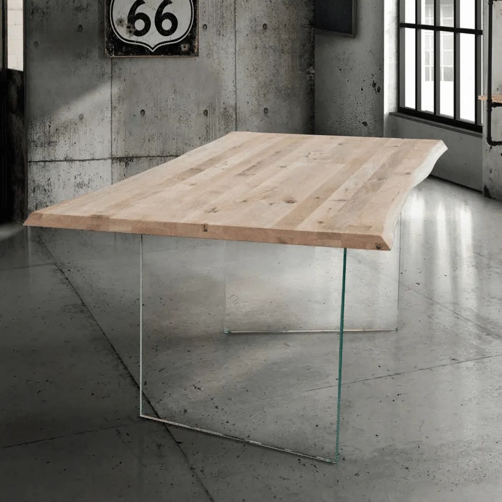 MASA GLASS - BLAT LEMN MASIV CU PICIOR STICLA SECURIZATA - GRI CIMENT - 250 cm / 100 cm / h 77 cm