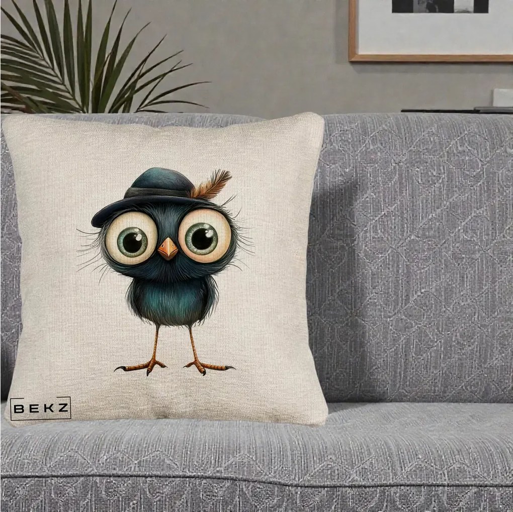 Perna Decorativa Pui Misterios cu Palarie Neagra, 40x40 cm, Bej Canapea, Husa Detasabila, Perna Inclusa, BEKZ®
