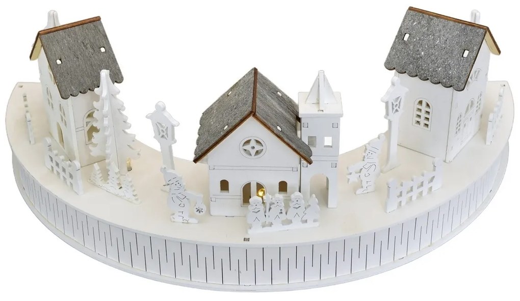 Decorație luminoasă din lemn cu LED-uri, sat cubiserică, 40 x 14 x 20 cm, semicirculară