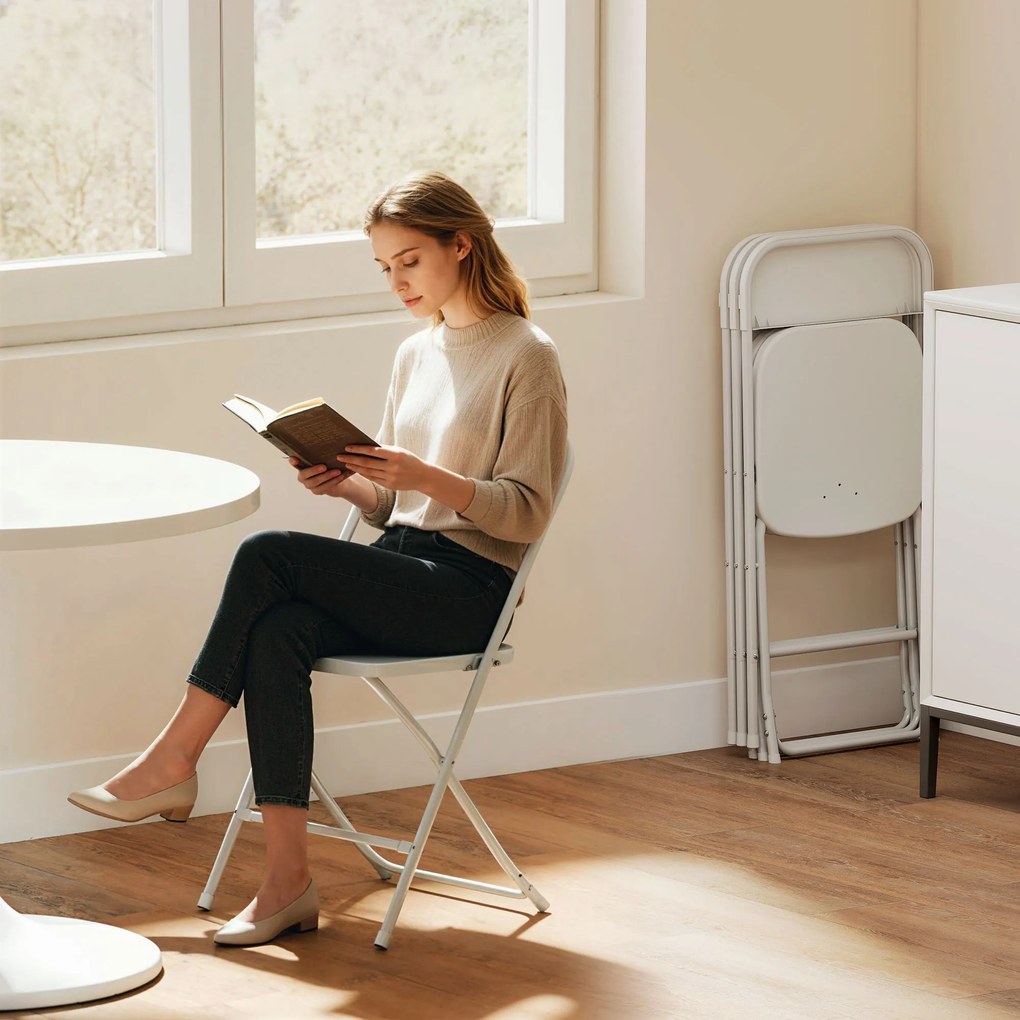 HOMCOM Set de 4 Scaune Pliabile cu Găuri de Drenaj din Plastic și Metal, 45x49x79.5 cm, Alb | Aosom Romania